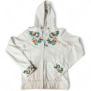 REEF White Embroidered Floral Zip Hoodie Women’s Medium Cottagecore